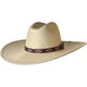 The Riverz Utah Hat by San Francisco Hat Company is a woven Techstraw cowboy hat with a wide brim and a geometric blue, white, orange, and black band. Enjoy UPF50+ sun protection while staying stylish outdoors.