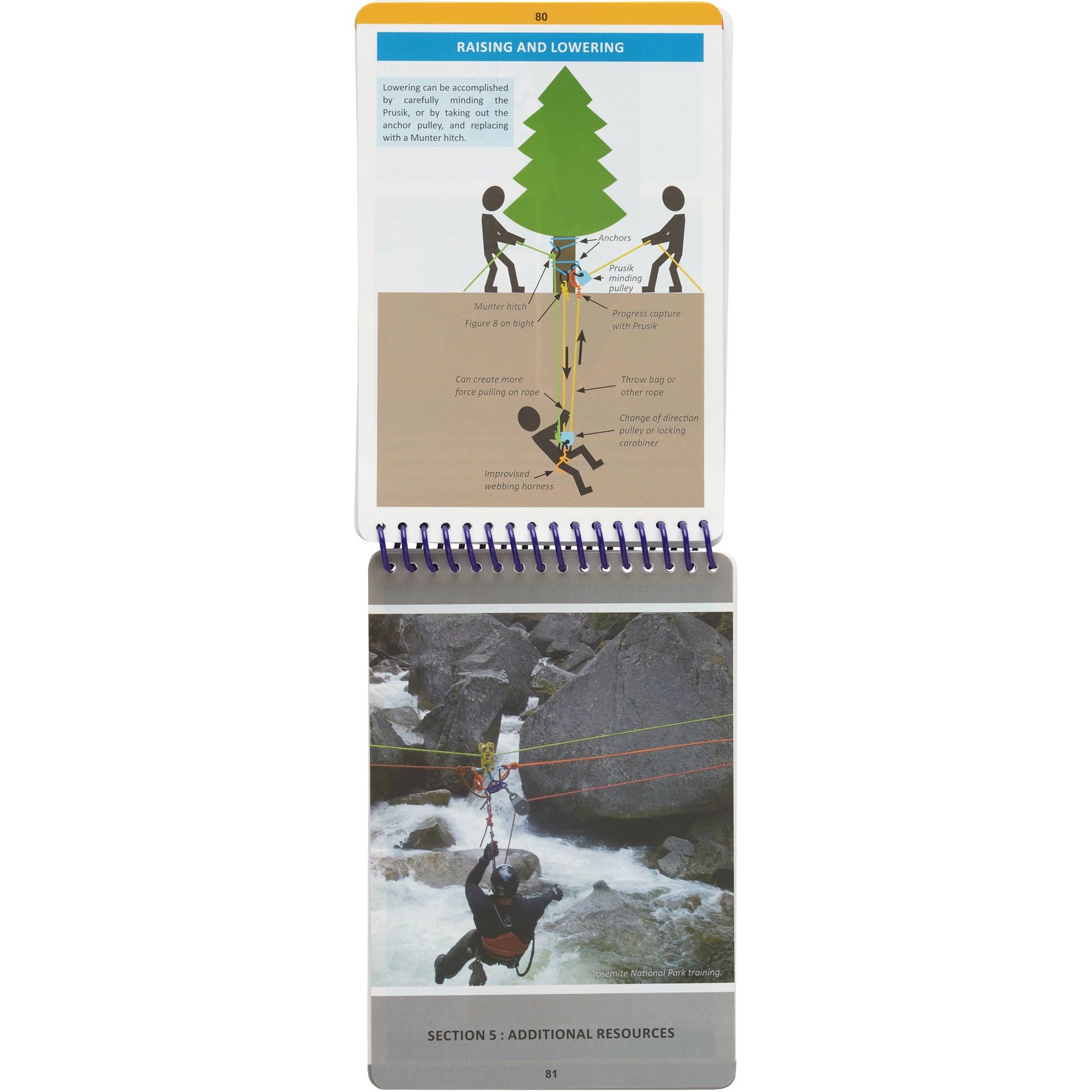 A Sierra Rescue River Rescue and Safety Field Guide with a picture of a person climbing a tree.
