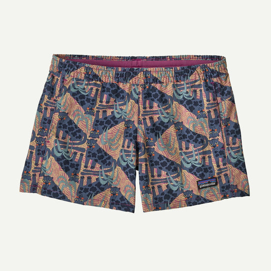 Patagonia K's Baggies Shorts 4 in feature a geometric animal print in blue, orange, and green tones, an elastic waistband, and a small Patagonia logo patch.