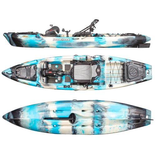 a Jackson Kayak Coosa FD 12'7 fishing boat with a blue and white design.