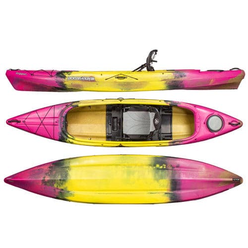 a pink and yellow Tripper 12 kayak with a yellow seat by Jackson Kayak.