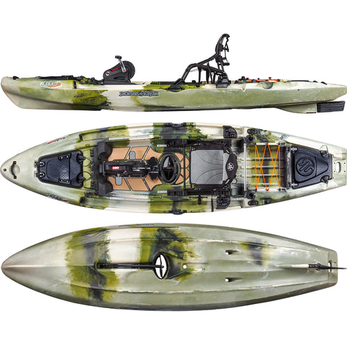 The Jackson Kayak Big Rig FD 13'3 in green and black is a sit-on-top fishing kayak with FlexDrive Mark IV, a mounted seat, ample storage, and versatile gear attachments, shown from side, top, and bottom angles.