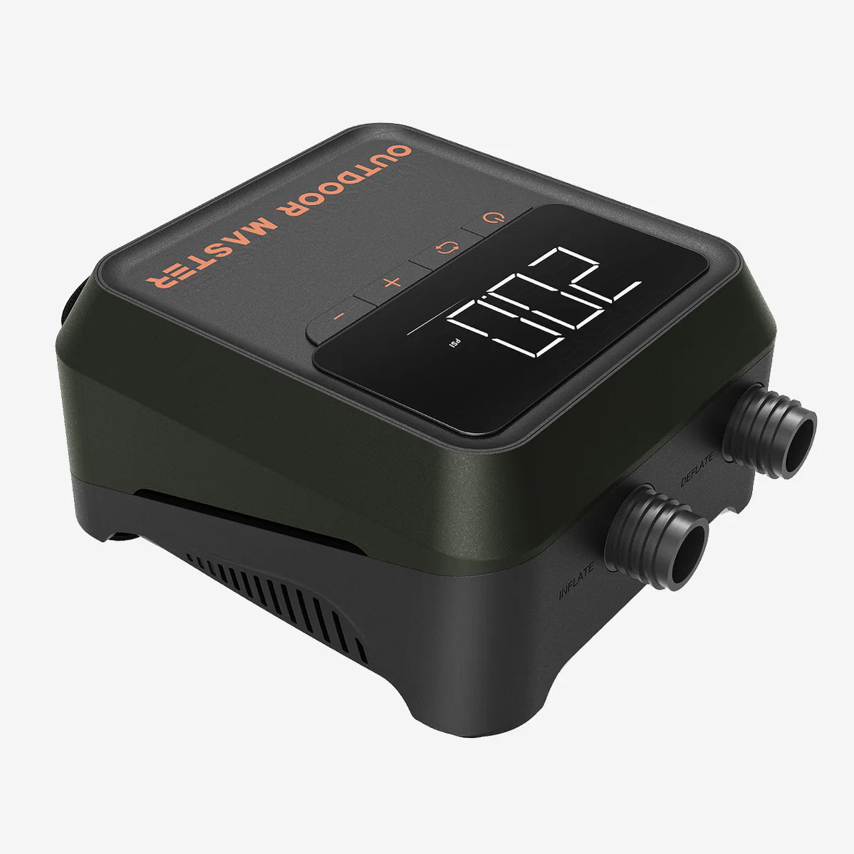 Black and gray electronic device with a digital display reading "002" and labeled "Outdoor Master." This Cachalot 2 - 12V Mini Electric SUP Pump features dual hose connectors at the front.