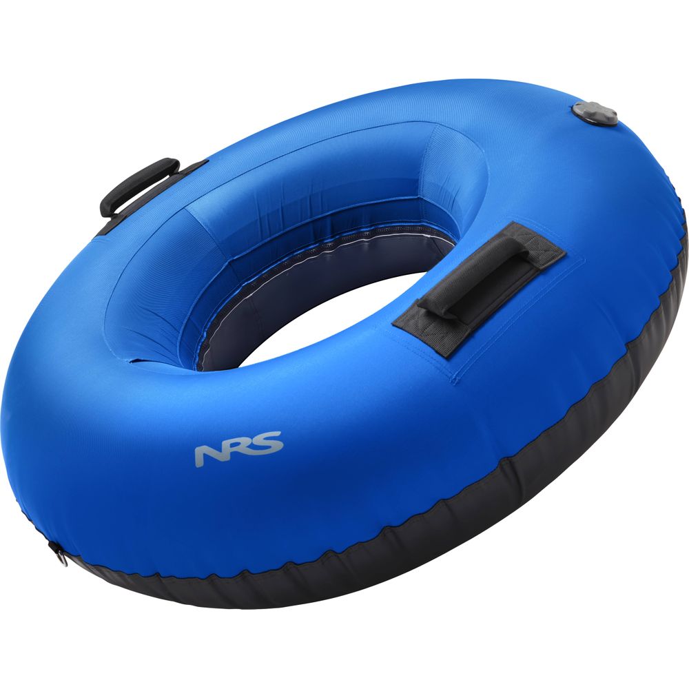 The NRS Wild River Tube features a durable blue and black inflatable design with a Boston-style valve, sturdy handles, and "NRS" branding on the side.