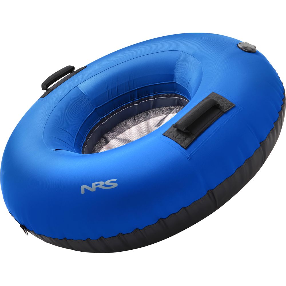 The NRS Wild River Tube showcases a durable blue and black PVC design, includes two sturdy black handles, and features a Boston-style valve for easy inflation. The NRS logo is prominently displayed, making this tube ideal for your upcoming river adventure.