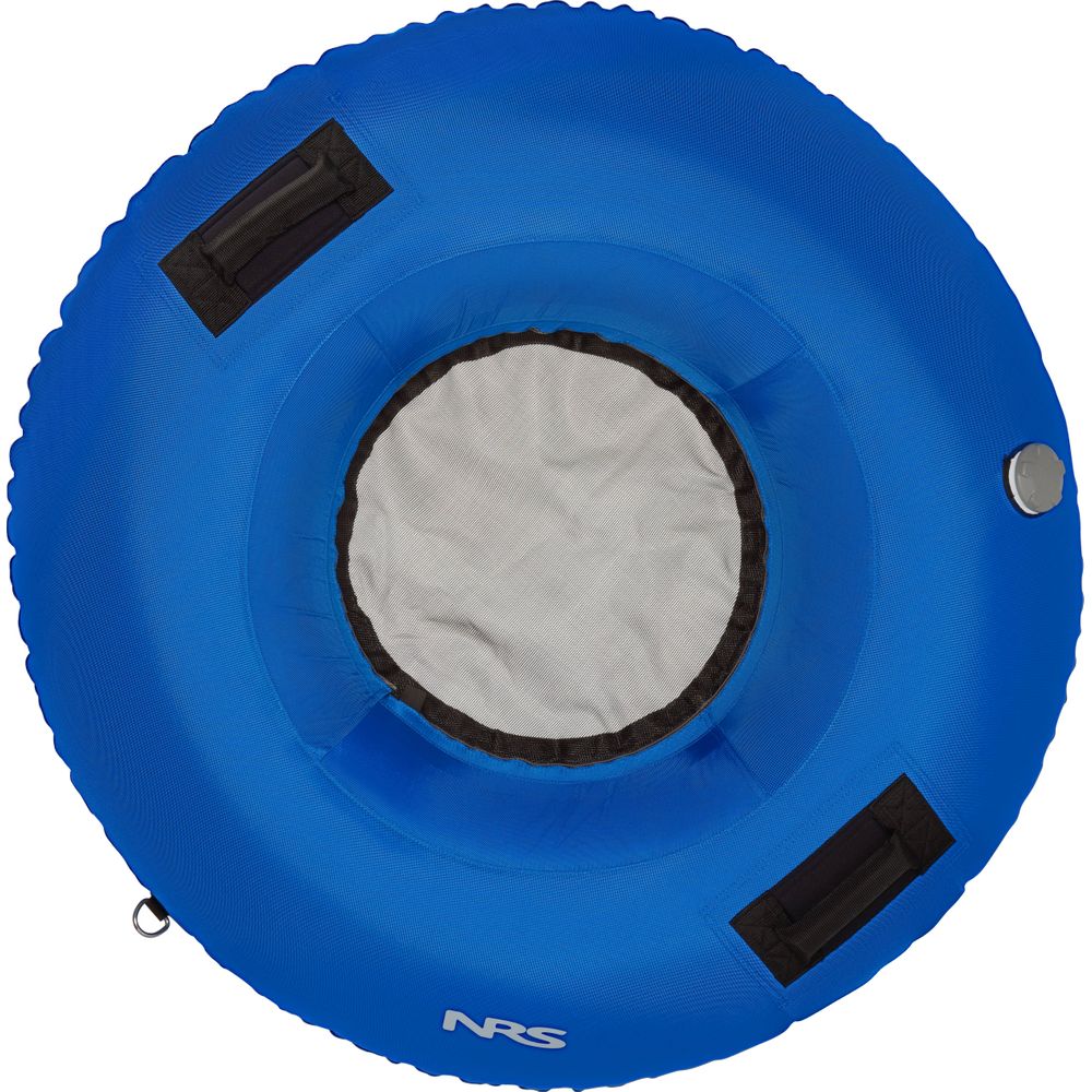 The NRS Wild River Tube features a blue inflatable PVC design with black handles and a mesh bottom, visible from above.