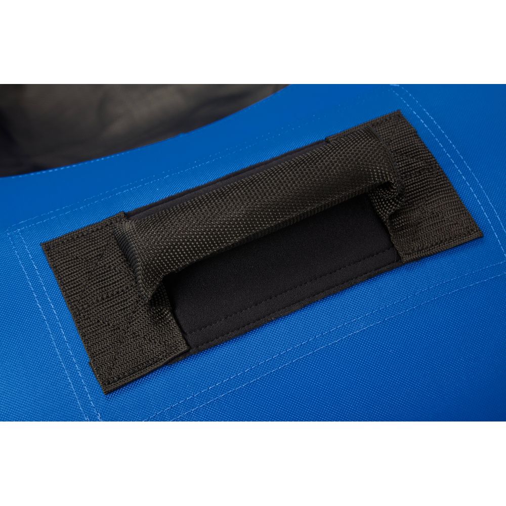 Close-up of a black fabric handle on a blue surface, possibly attached to an NRS Big River Tube featuring a PVC inner bladder.