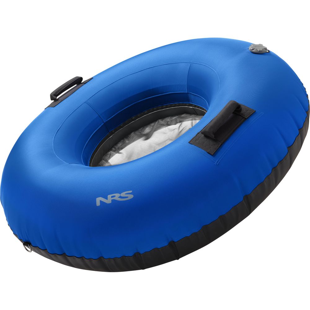 The Big River Tube by NRS is a blue inflatable tube with a black base, two sturdy handles, and the NRS logo on the side. It features a durable PVC inner bladder and urethane-coated polyester for enhanced durability.