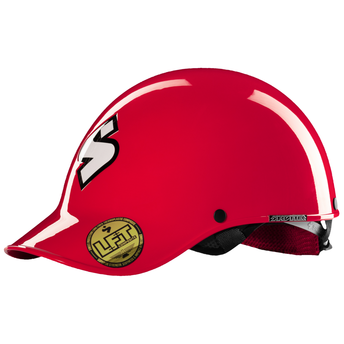 The Strutter Helmet by Sweet Protection is a red sports helmet with a white "S" logo on the side and a gold "Lift" sticker near the brim. Made with carbon fiber reinforced materials, it stands out against a white background, combining durability with sleek design elements.