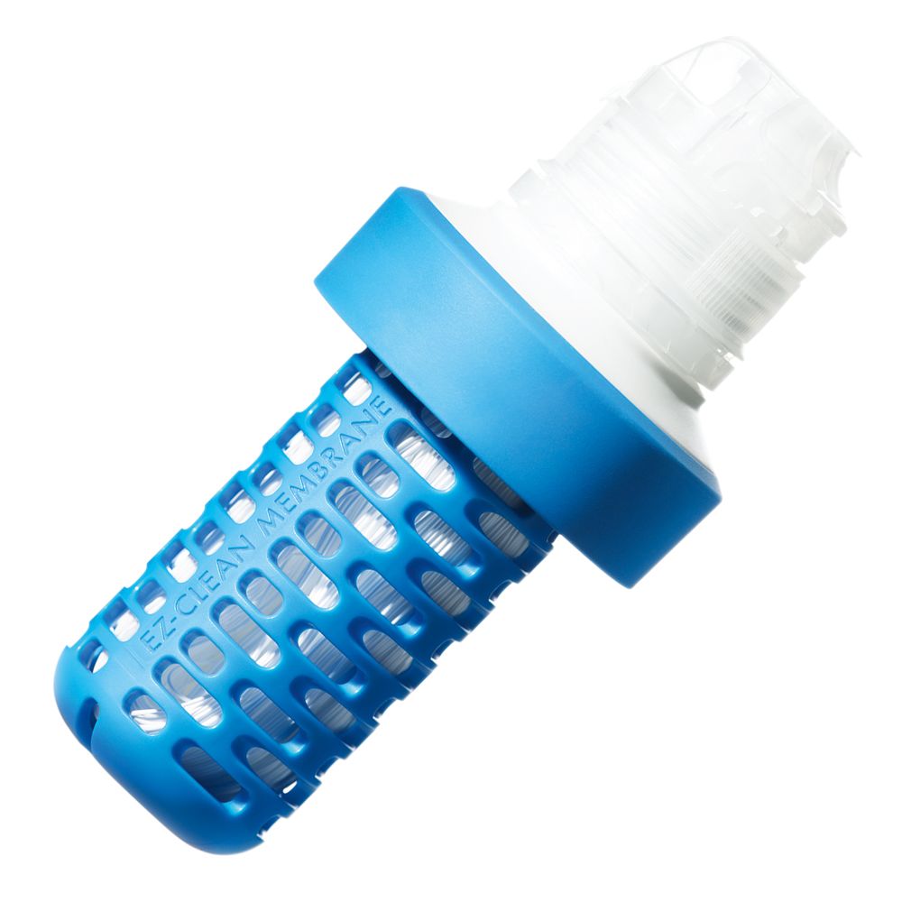 Close-up of a blue and white EZ-Clean Membrane Filter Cartridge by Katadyn, featuring a perforated cover, displayed on a white background.