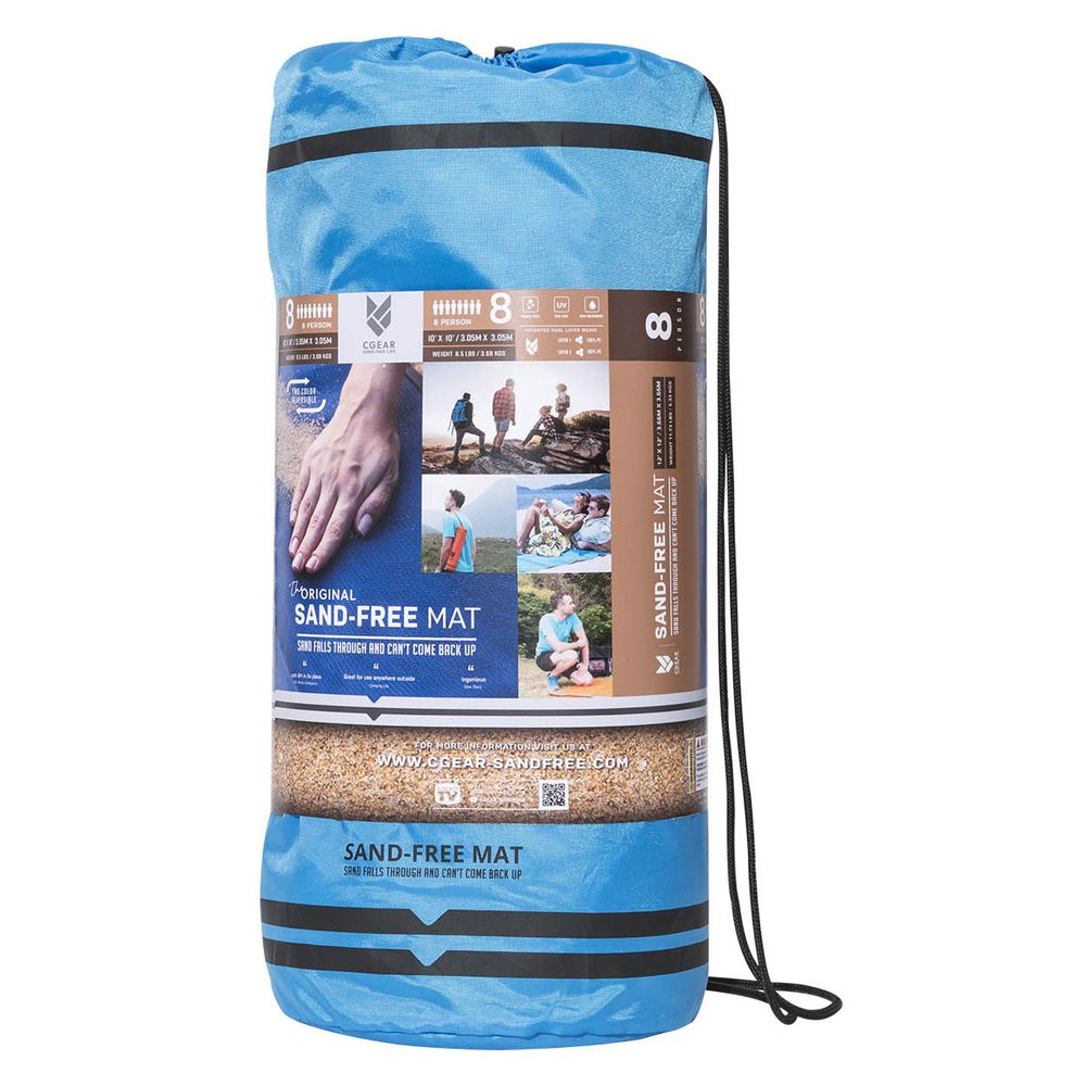 A blue Sand Free Multi Mat by NRS, featuring dual weave construction, comes with a convenient carry bag. The packaging displays a hand on sand and essential details, making it ideal as a camping tarp for outdoor adventures.