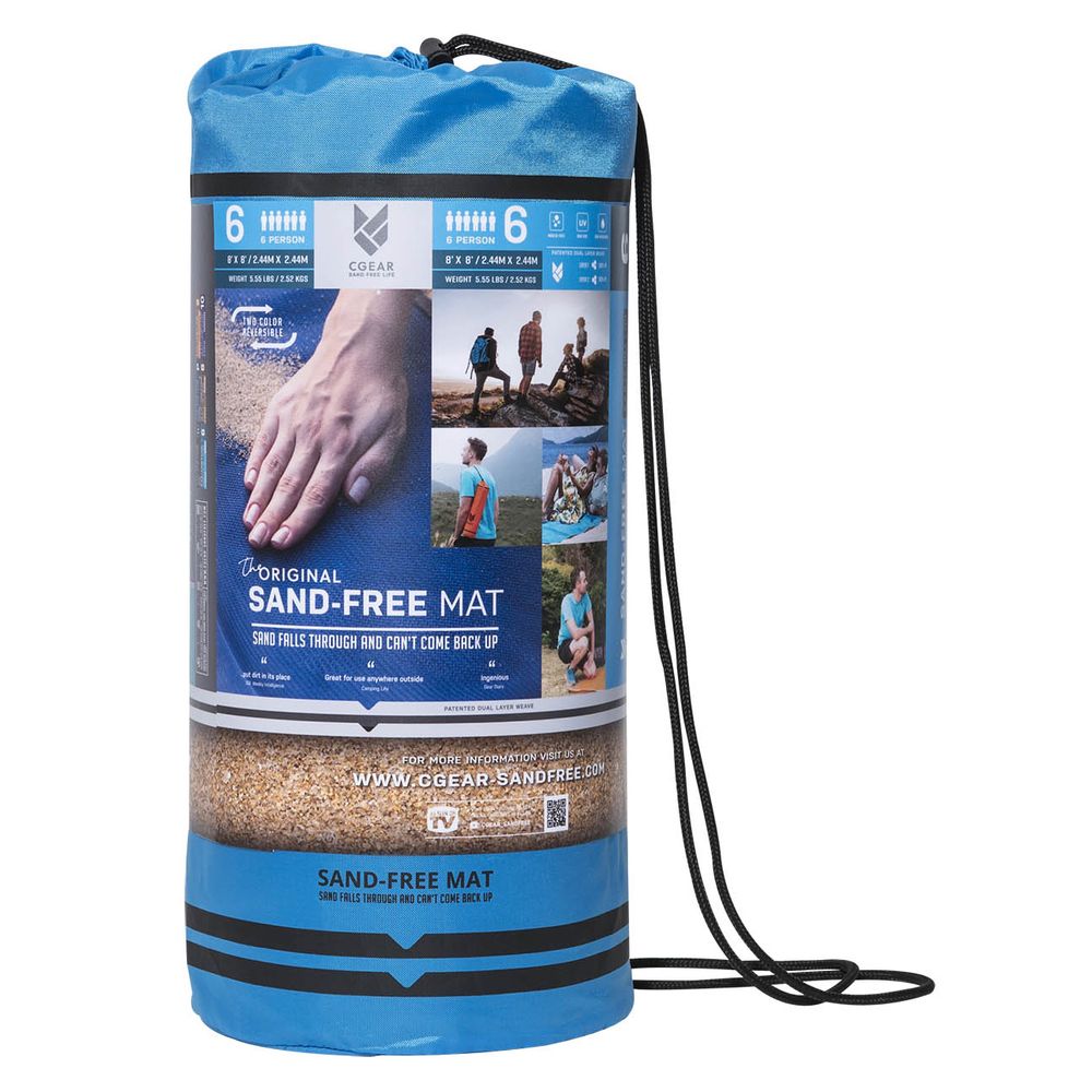 The NRS Sand Free Multi Mat comes in a blue cylindrical package featuring images and product benefits. It measures 6x6 feet, offers dual weave construction for durability, includes a handy handle, and is perfect as a camping tarp.