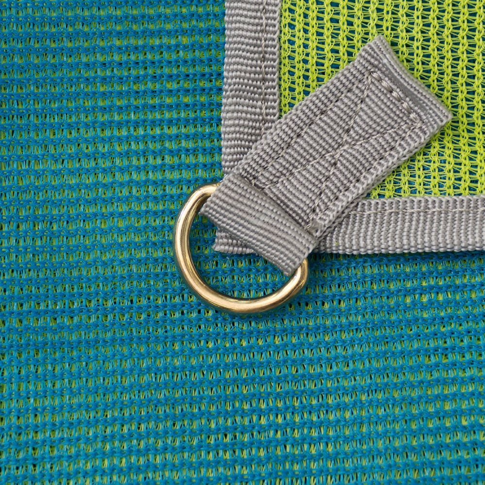 The NRS Sand Free Multi Mat features a metal ring secured to a gray fabric strap, displayed on a blue and green textured surface reminiscent of the rugged look of a camping tarp.