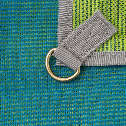 The NRS Sand Free Multi Mat features a metal ring secured to a gray fabric strap, displayed on a blue and green textured surface reminiscent of the rugged look of a camping tarp.