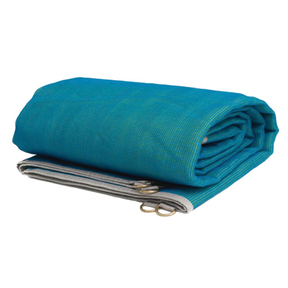 The NRS Sand Free Multi Mat is a blue tarp featuring a dual weave design with metal rings along the edges, making it an ideal durable camping option.