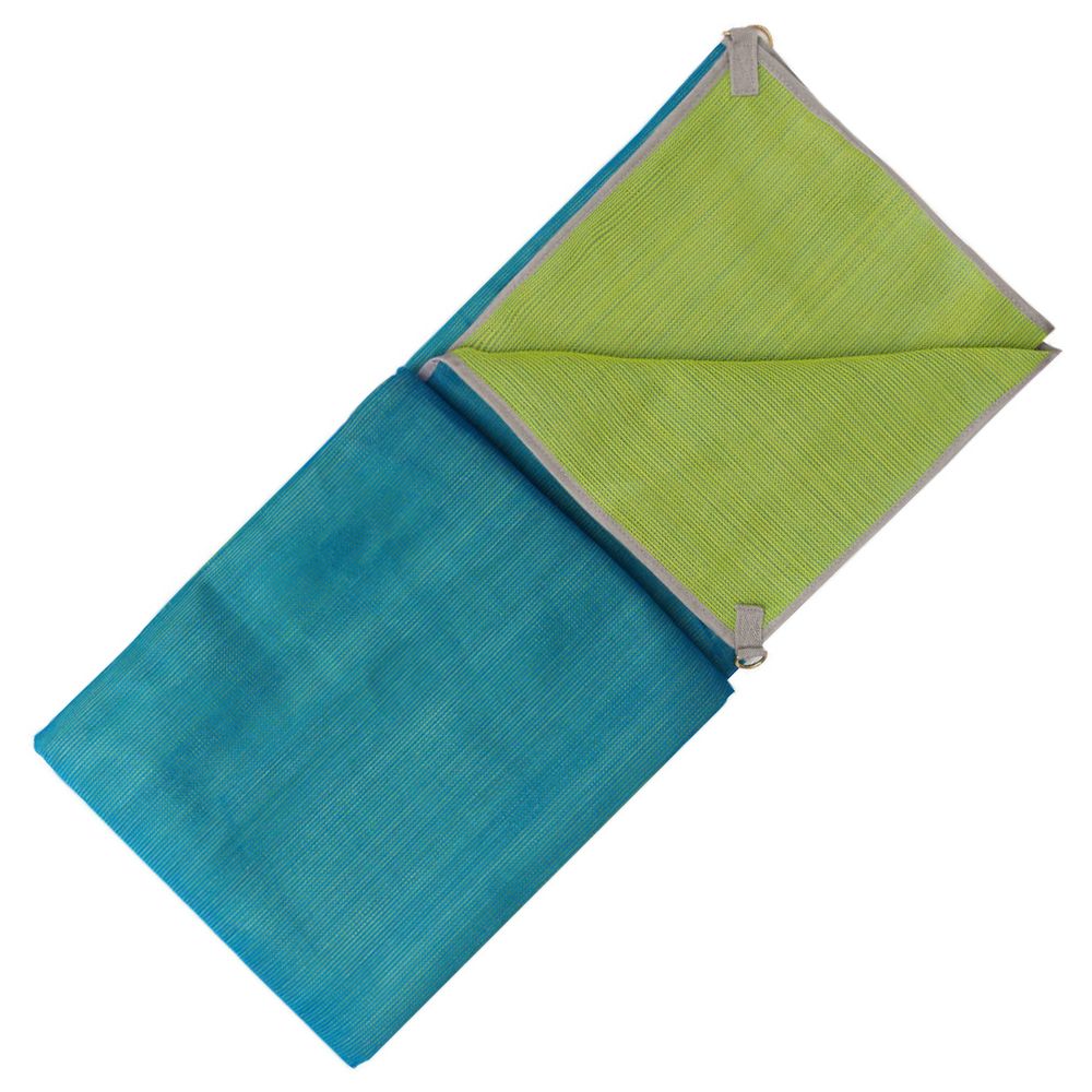 Folded blue and green fabric bag with open compartments, dual weave construction, and a hook closure, ideal for your NRS Sand Free Multi Mat.