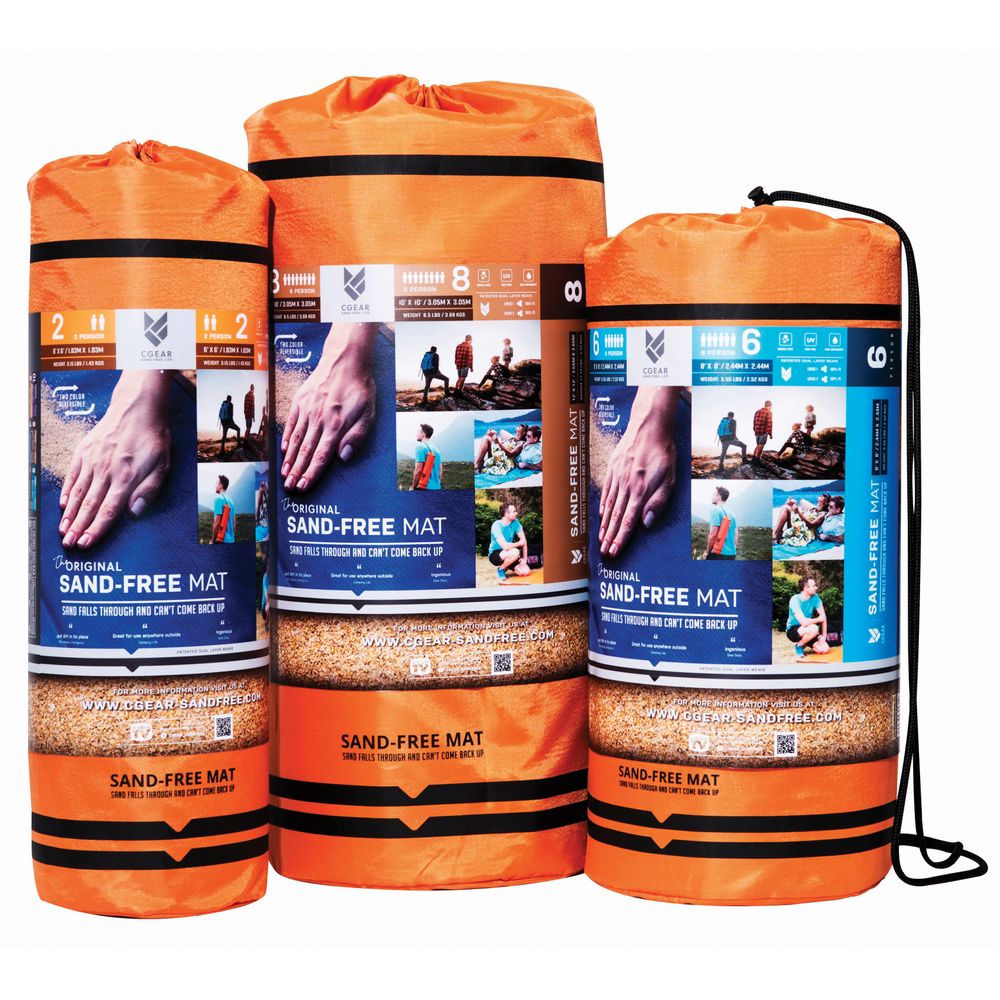 Three orange NRS Sand Free Multi Mats, known for their durable dual weave construction, are showcased in different sizes with labels and images on a clean white background, ideal for camping tarp enthusiasts desiring a hassle-free outdoor experience.