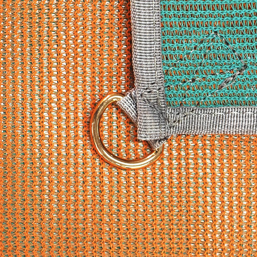 A close-up of the NRS Sand Free Multi Mat shows its orange and green dual weave design with a gray border, featuring a gold metal ring at the intersection, highlighting detailed craftsmanship similar to a camping tarp.