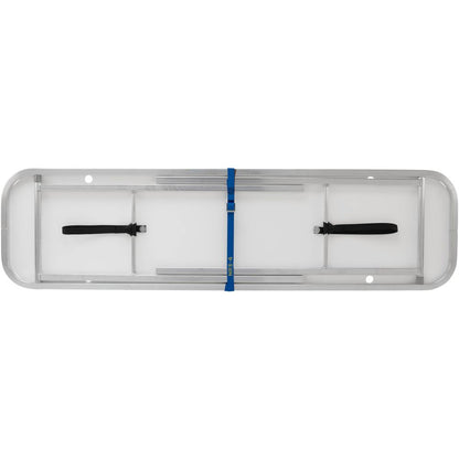 The NRS Campsite Counter has a corrosion-resistant aluminum backboard with two black straps and a blue handle, perfect for enhancing your river kitchen or campsite setup.