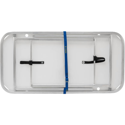 Aerial view of the NRS Campsite Counter's rectangular, corrosion-resistant aluminum frame with a white surface and blue/black center straps for secure attachment—ideal for enhancing your river kitchen setup.