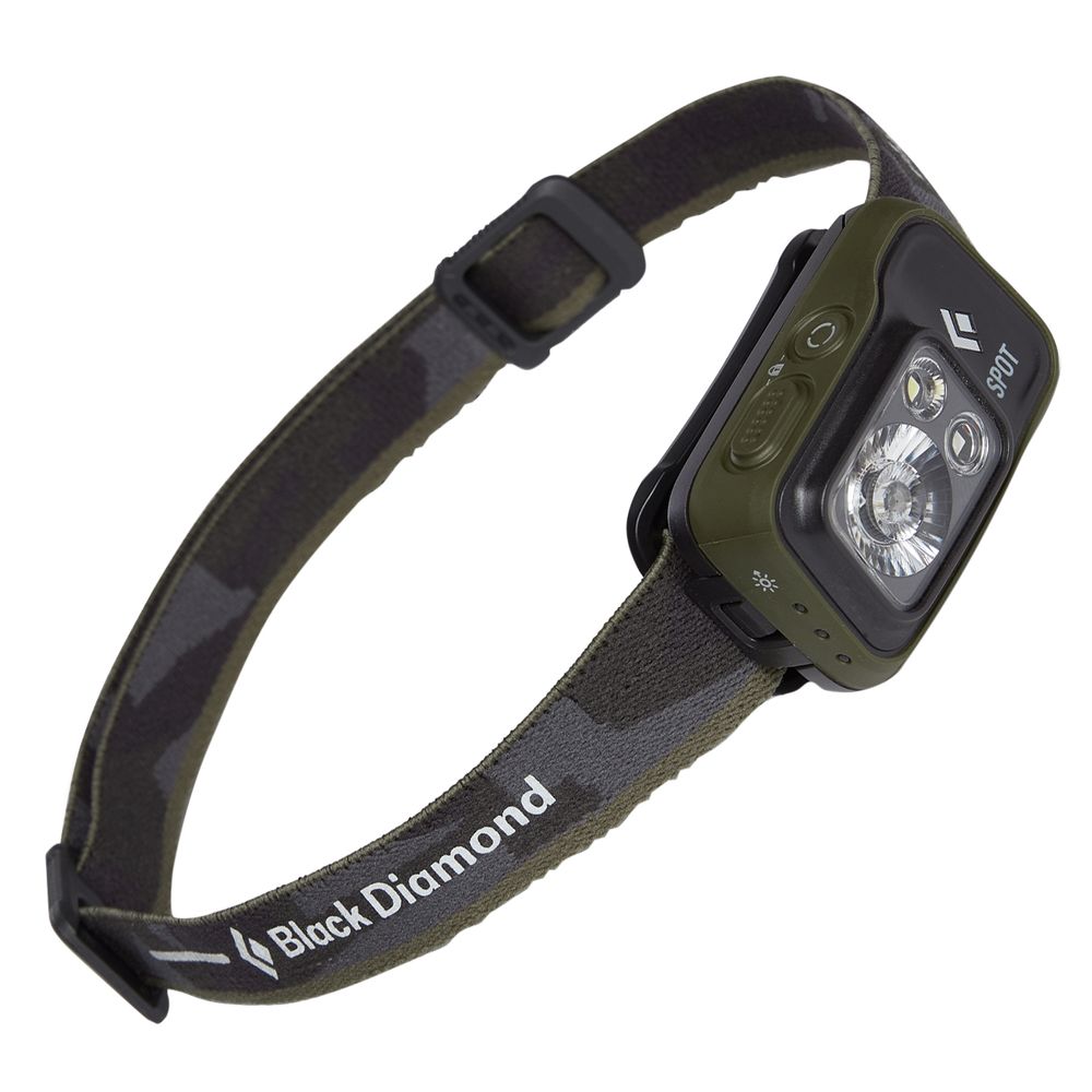 The Black Diamond Spot 400 Headlamp features a 400-lumen output, multiple front LEDs, and an adjustable camouflage strap.