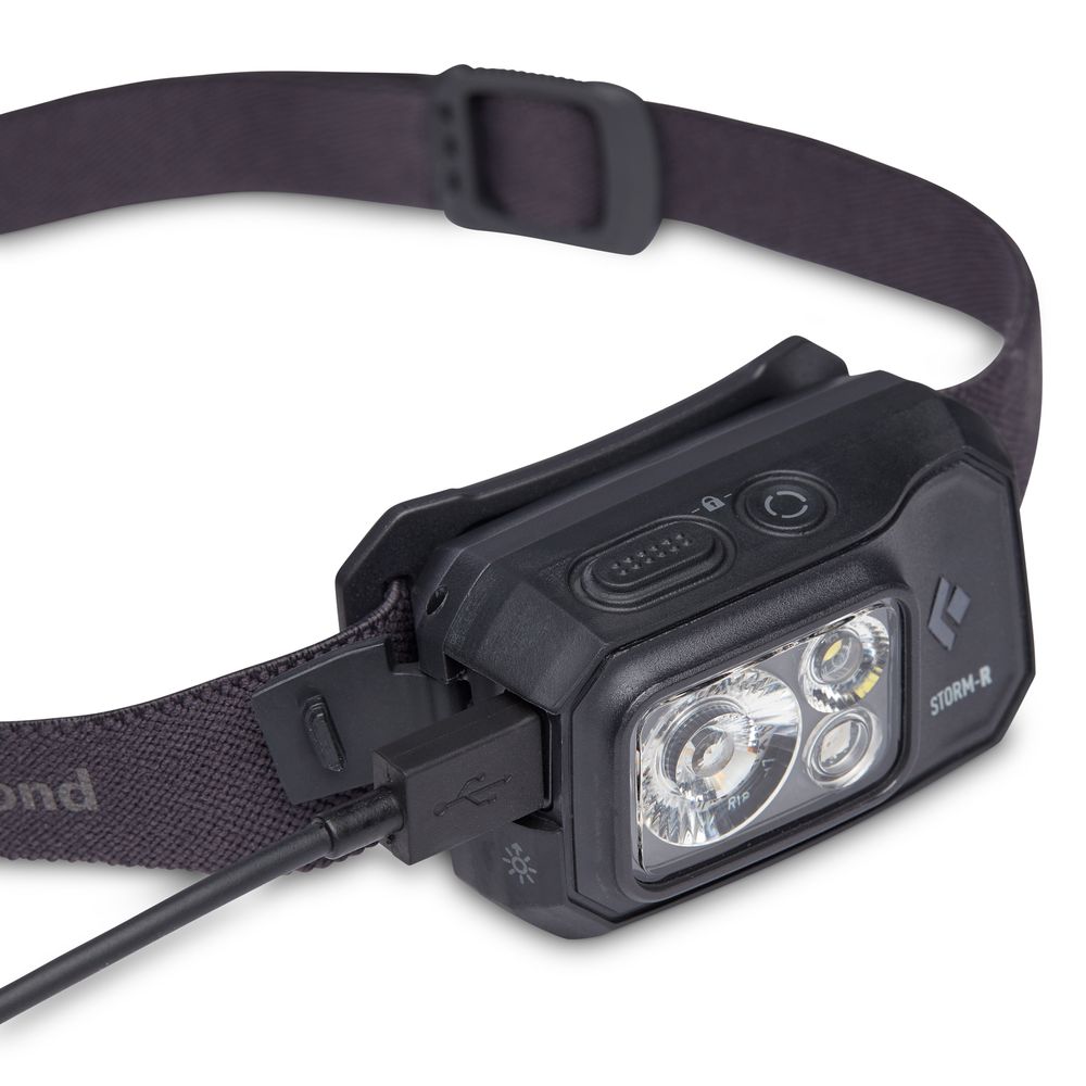 Featuring the Storm Rechargeable Headlamp flashlight, headlamp manufactured by Black Diamond shown here from a fourth angle.