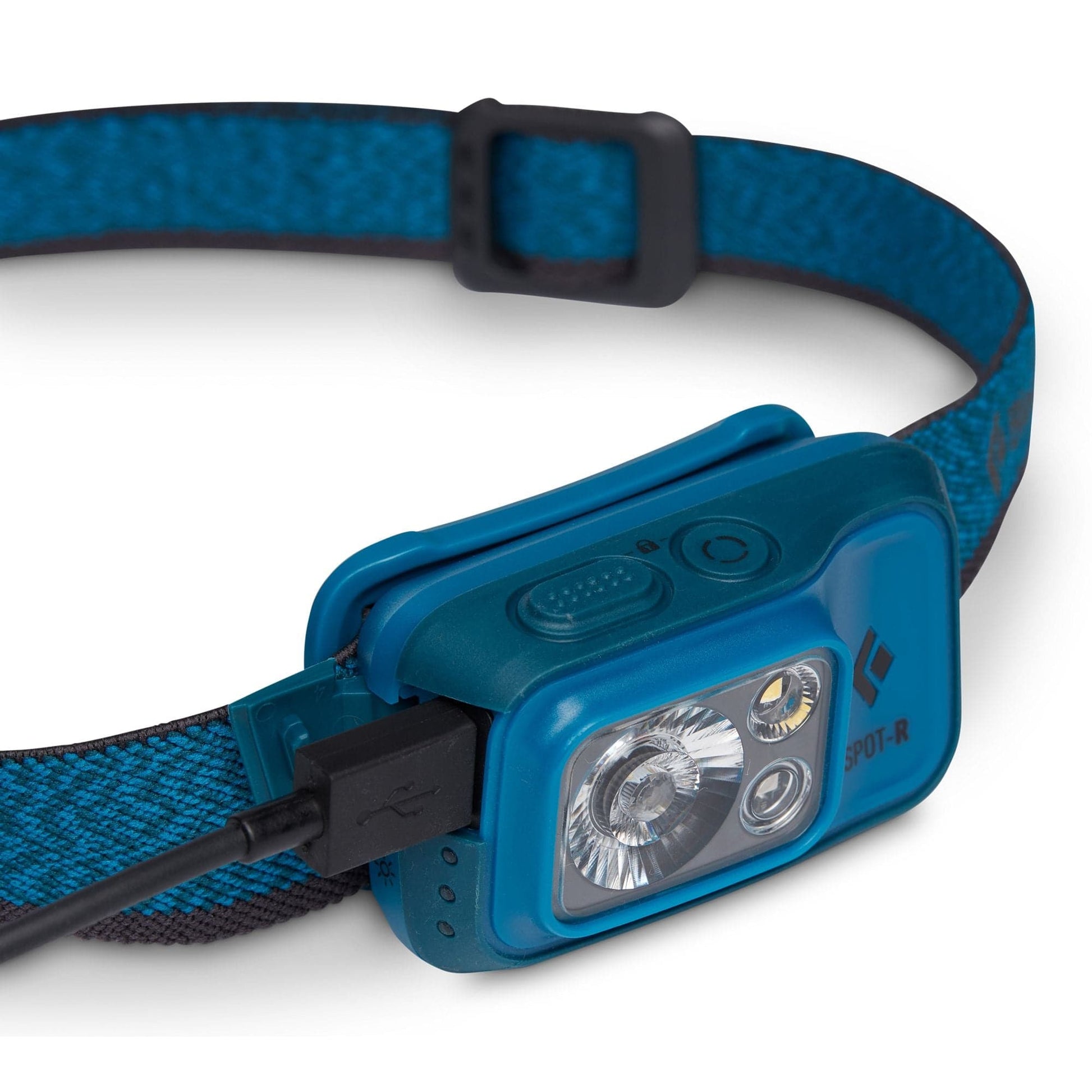 A close up of a Black Diamond Spot 400R Headlamp in blue on a white background.