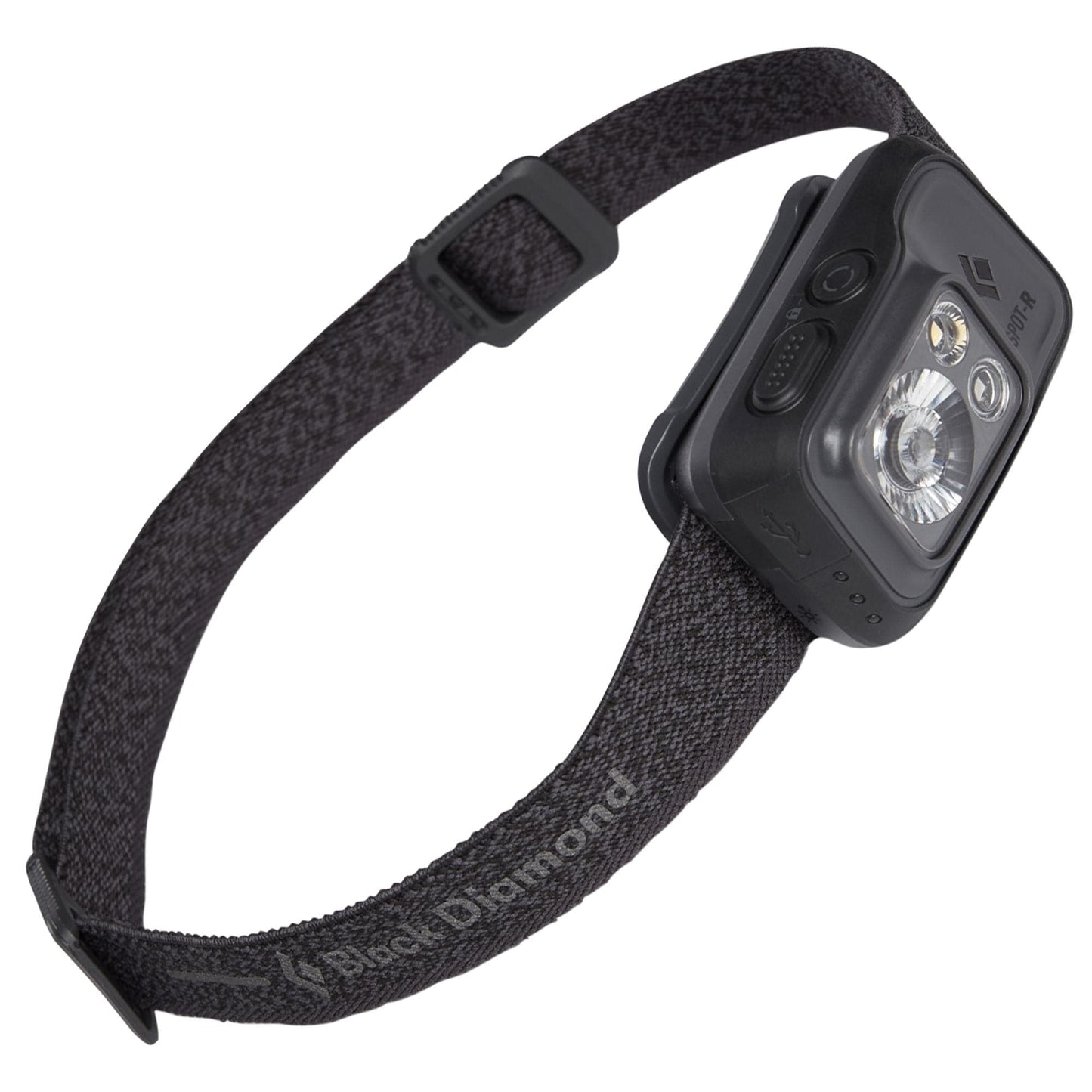 A close up of a Black Diamond Spot 400R Headlamp on a black strap.