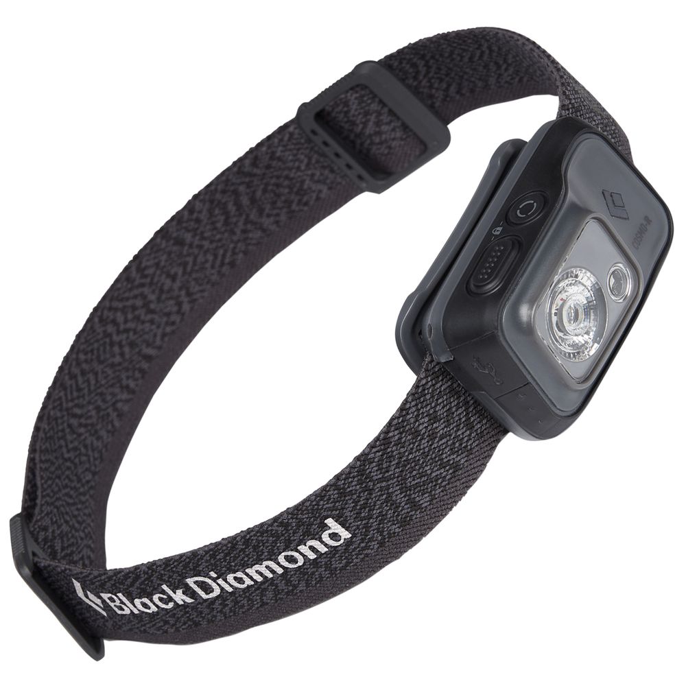 The Black Diamond Cosmo 350R Rechargeable Headlamp features a rectangular light unit, adjustable black strap, and night vision capability.