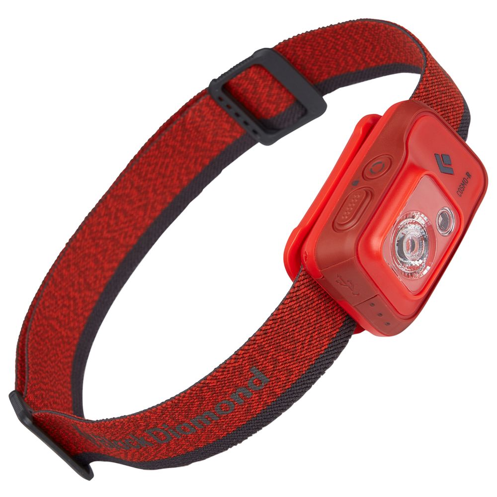 The Black Diamond Cosmo 350R Rechargeable Headlamp is a red and black, waterproof headlamp with an adjustable elastic strap and central LED, ideal for hands-free night vision and outdoor adventures.