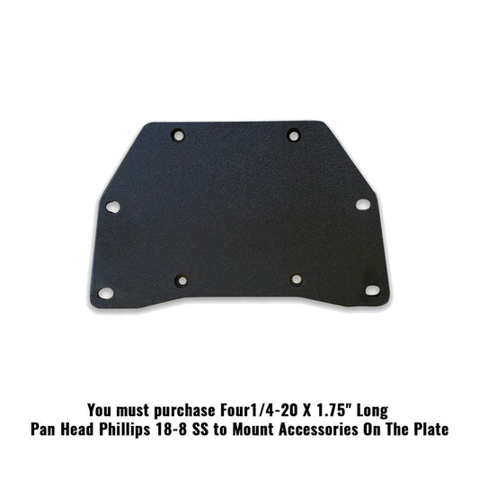 The Jackson Kayak Bite Accessory Mounting Plate is a black metal plate with six holes and a four-hole pattern, shown on a white background. Instructions below explain the screws needed to mount kayak accessories.