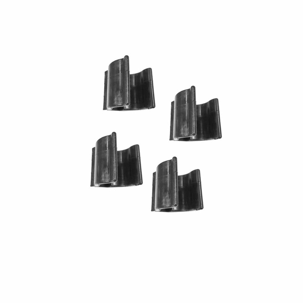 Four identical black metal brackets from the Jackson Kayak Paddle Clip Kit are arranged on a white background, perfect as kayak paddle clips or accessories for secure paddle mounting.