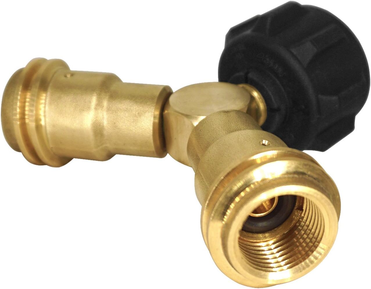 A brass hose connector with a black nozzle and a Coyote 2-way propane splitter for tanks.
