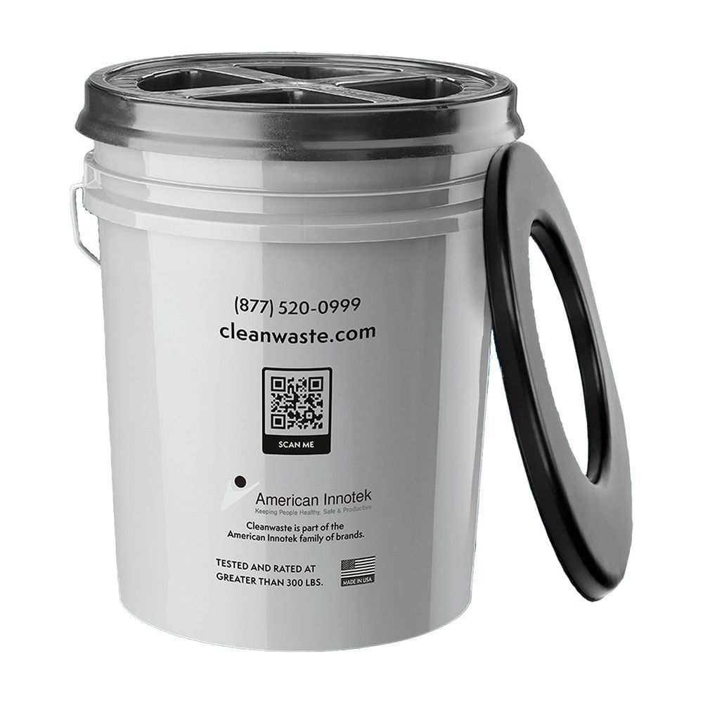 The NRS Restop Commode is a white portable toilet bucket with a black seat lid, four plastic support bars, and side-printed contact info plus a QR code—an ideal backcountry toilet solution.