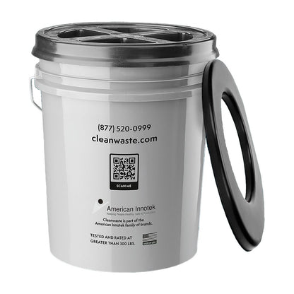 The NRS Restop Commode is a white portable toilet bucket with a black seat lid, four plastic support bars, and side-printed contact info plus a QR code—an ideal backcountry toilet solution.