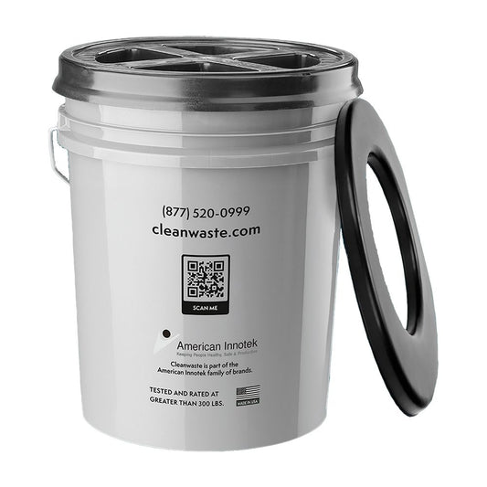 The NRS Restop Commode is a white portable toilet bucket with a black seat lid, four plastic support bars, and side-printed contact info plus a QR code—an ideal backcountry toilet solution.