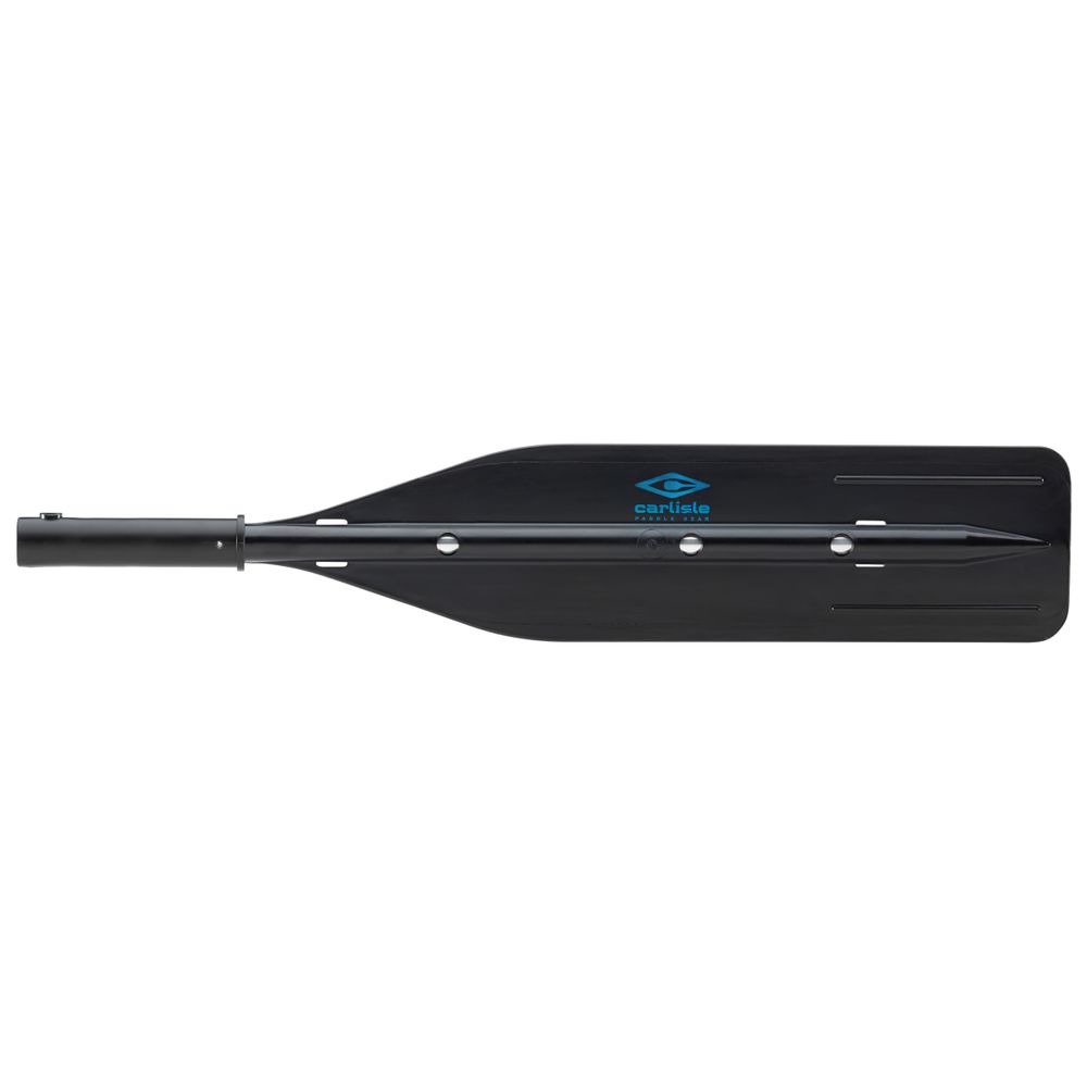 The XHD Outfitter Oar Blade by Carlisle is a black canoe paddle crafted from high-impact synthetic material, featuring a rectangular blade and logo handle. Its water-resistant, takedown assembly ensures durability and convenience for all your paddling adventures.