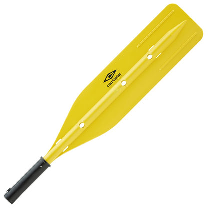 The Carlisle XHD Outfitter Oar Blade features a yellow high-impact synthetic paddle blade with a black attachment point and brand logo. It's ideal for durable rafting, with a water-resistant takedown assembly for easy storage and transport.