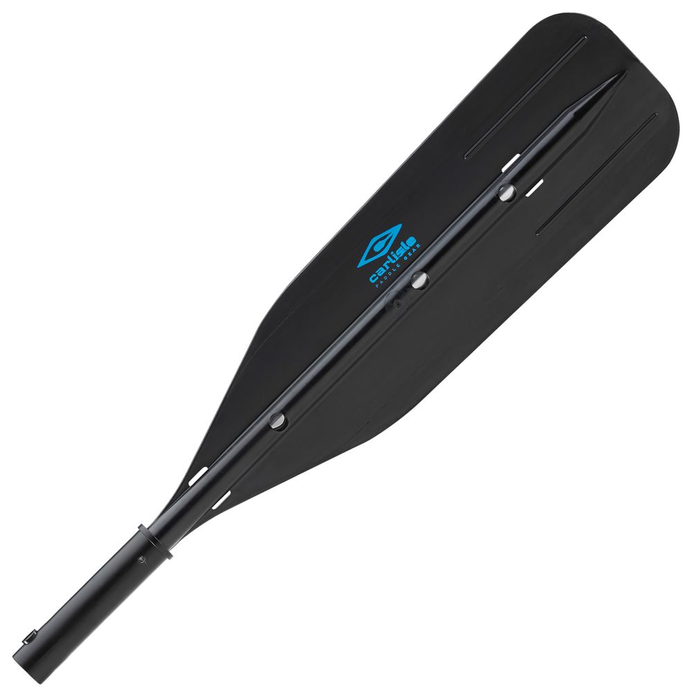 The Carlisle XHD Outfitter Oar Blade features a black high-impact synthetic blade with slots, a circular attachment point at the bottom, and is adorned with a blue logo.