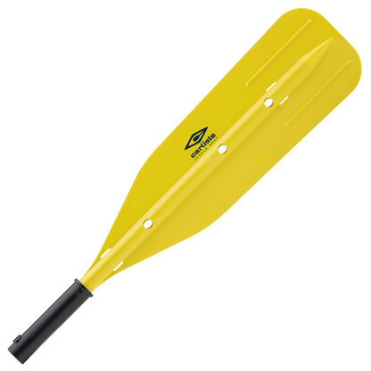 The Carlisle XHD Outfitter Oar Blade is a yellow plastic paddle with a black handle made from high-impact synthetic material, featuring central holes and blade grooves, perfect for raft oaring.