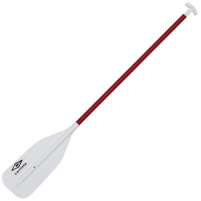 The Carlisle Standard Raft/Canoe Paddle is red and white with a flat blade, aluminum shaft, T-shaped handle, and features a logo on the blade.
