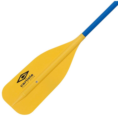 The Standard Raft / Canoe Paddle by Carlisle features a yellow blade and a sleek blue aluminum shaft, perfect for paddle sports enthusiasts seeking reliability and durability.