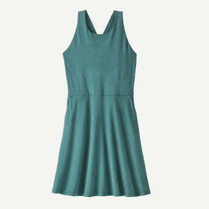 The Patagonia Seabrook Dress is a sleeveless teal design featuring a fitted bodice and flared skirt, elegantly displayed against a plain background.