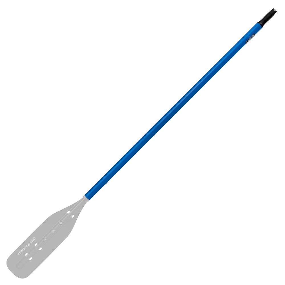 The NRS Advantage 2-Piece Oar Shaft features a long blue shaft and a flat gray blade, designed for comfort and efficient paddling.