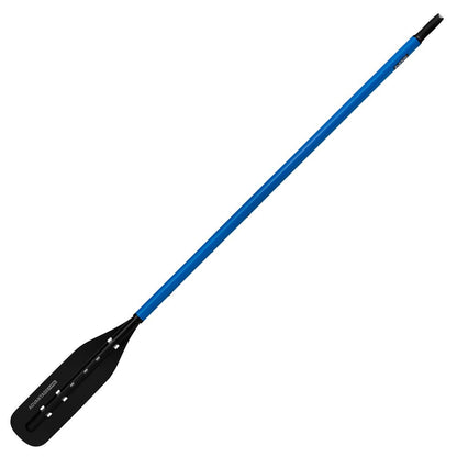 The NRS Advantage 2-Piece Oar Shaft features a straight blue and black shaft with a wide, flat blade, displayed against a white background.