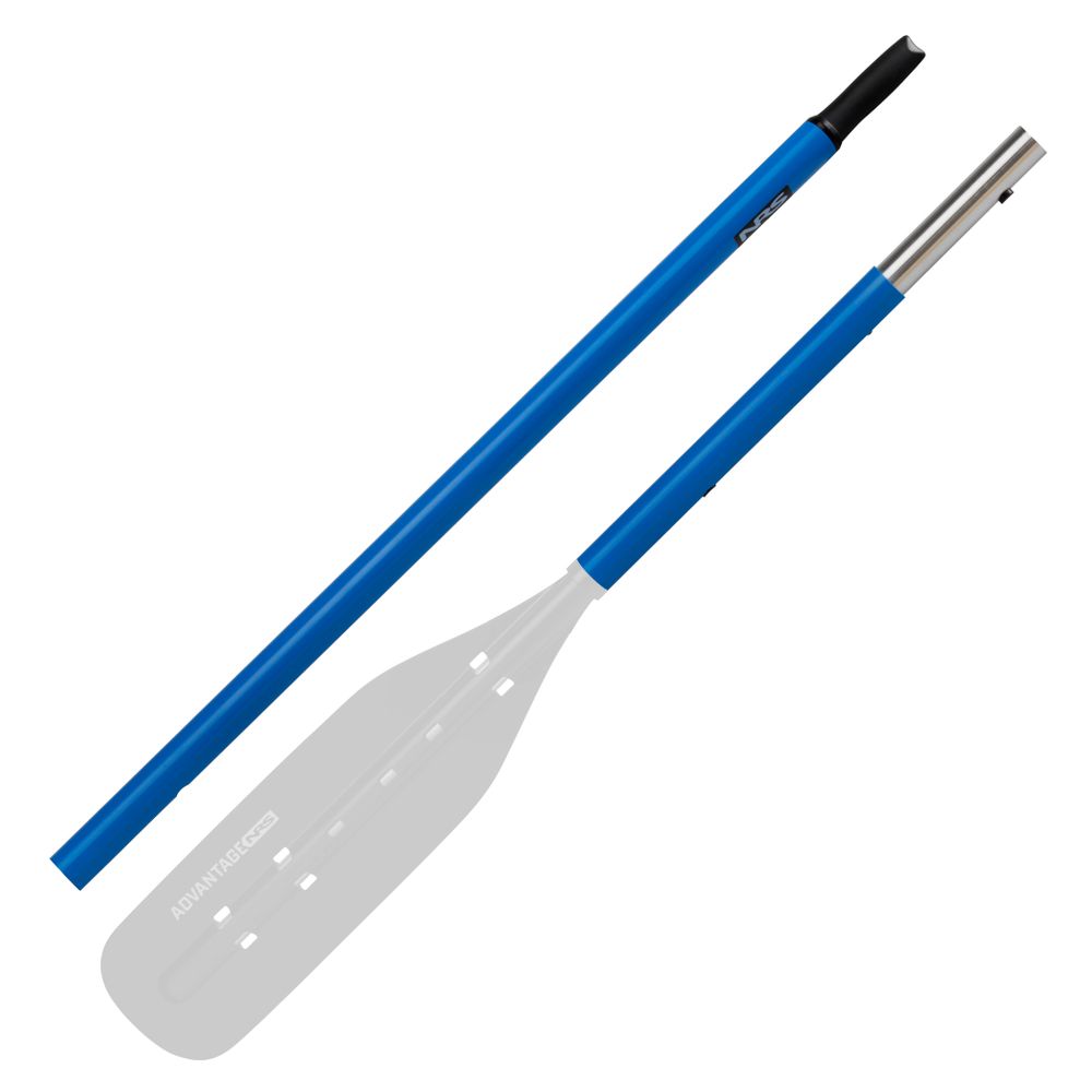 The NRS Advantage 2-Piece Oar Shaft in blue and silver features an ergonomic handle and white blade, shown disassembled.