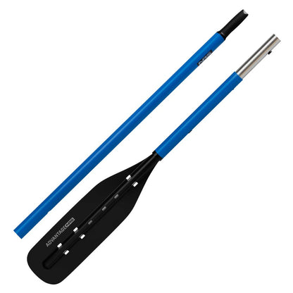The NRS Advantage 2-Piece Oar Shaft features a blue shaft, black blade, ergonomic handle, and metal joint for kayaks or canoes; shown disassembled.