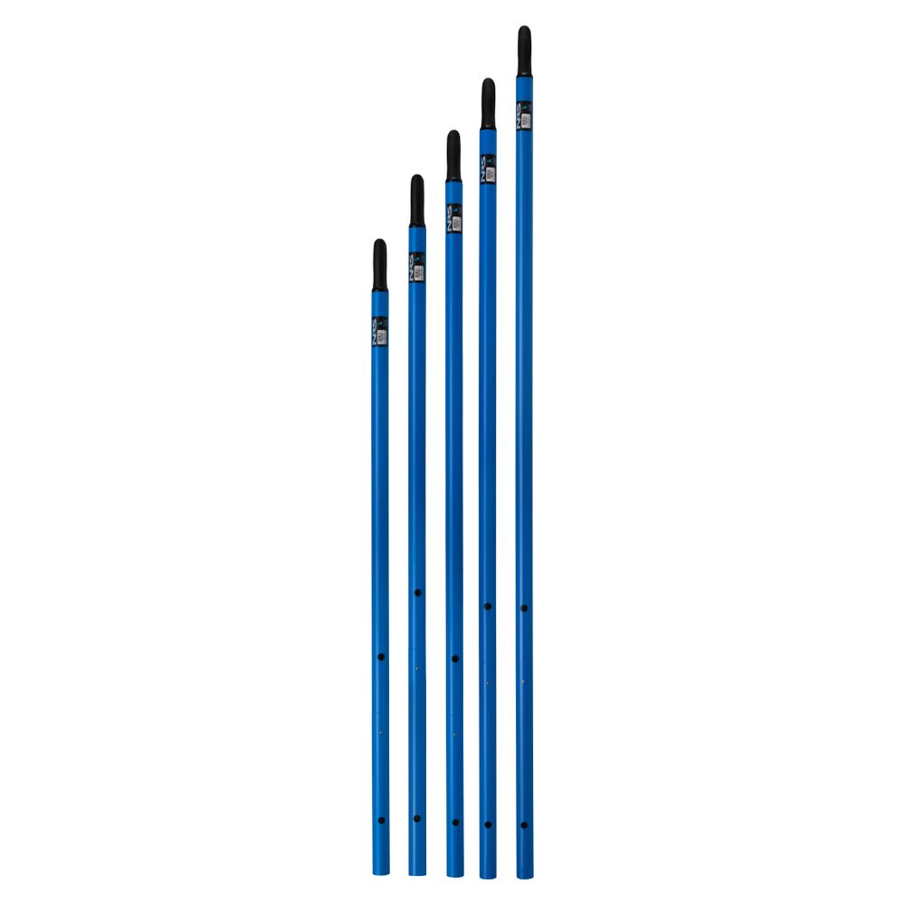 Five NRS Advantage 2-Piece Oar Shafts of different lengths stand upright in a row, each featuring a black ergonomic handle and a labeled sticker near the top, resembling an oar’s 2-piece design.