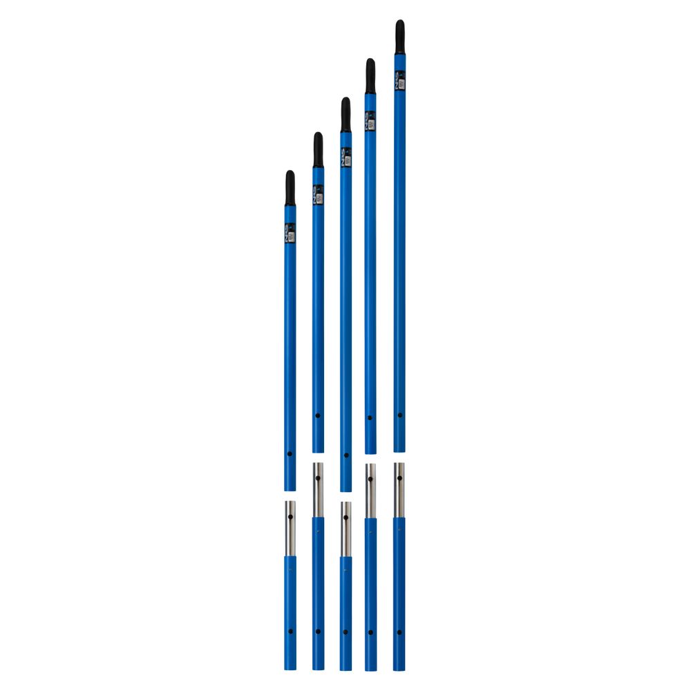 Six NRS Advantage 2-Piece Oar Shafts are shown vertically at various lengths, each featuring an ergonomic handle for comfort and a metal locking mechanism in the middle, resembling a traditional two-piece oar.