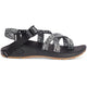 The Chaco Z2 Classic - Women's is a black outdoor sandal with adjustable black and white patterned straps and a tan rubber sole, shown from the side—ideal for hiking or everyday comfort.
